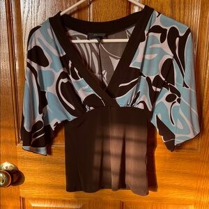 Byer California Blue and Brown Wrap Blouse 3/4 Sleeve